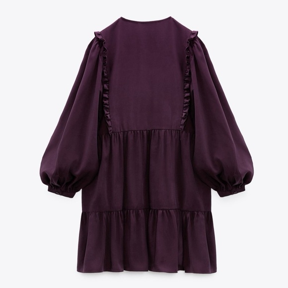 Zara Balloon Sleeve Ruffle Baby Doll A Line Tiered Mini Dress Size L Black - Picture 11 of 13